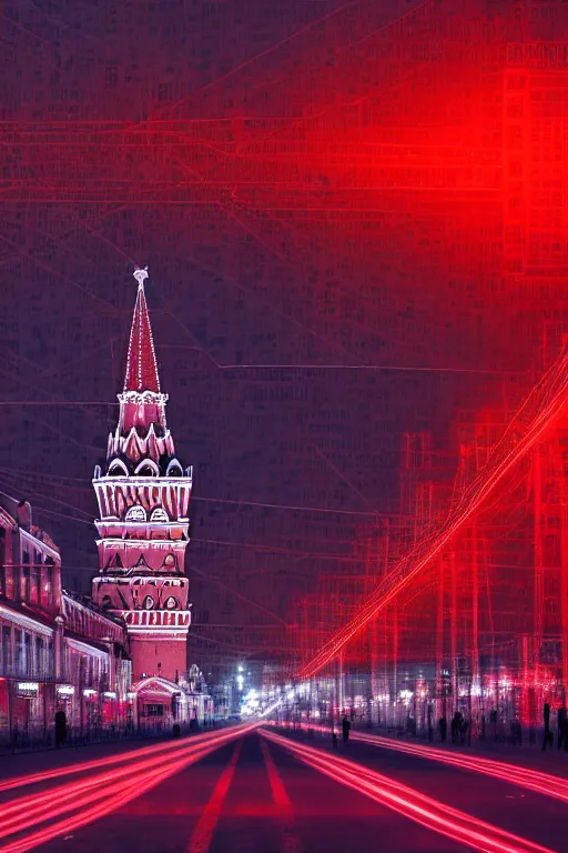 Image similar to neon streets of moscow with red square, 4 k, award winning photo, cyberpunk style