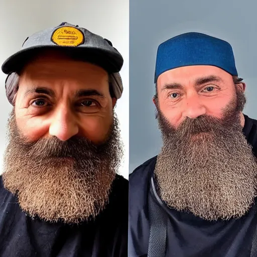 Image similar to a middle age bearded social media dork with flat 🧢 cap and a fake guru vibe