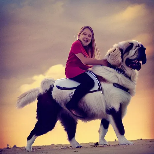 Image similar to girl riding a giant saint Bernard at the beach playing fetch, trending on artstation