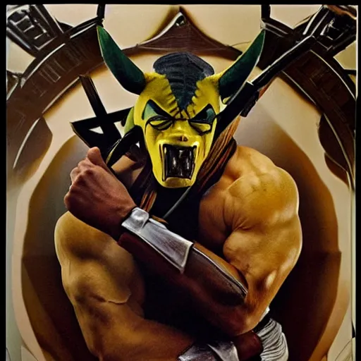 Image similar to muscular man dressed up as Mortal Kombat pikachu art photo by Annie Liebovitz and Alphonse Mucha