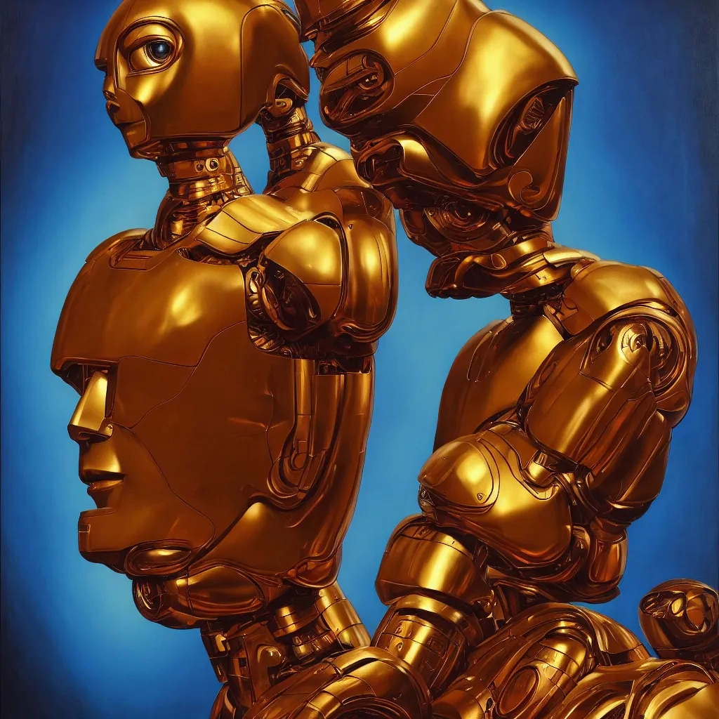 Image similar to cinematic bust portrait of psychedelic god robot from left, head and chest only, robotic improvements, part of Moebius, part of maxfield parrish, part of Thomas Ehretsmann,, oil on canvas, masterpiece, trending on artstation, cinematic composition, dramatic pose, beautiful lighting, sharp, details, hyper-detailed, volumetric lighting 4K