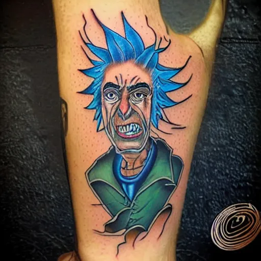 Image similar to rick sanchez art piece from best tattoo artist, realistic color by, on mat paper, winning, alltime favorite, instagram