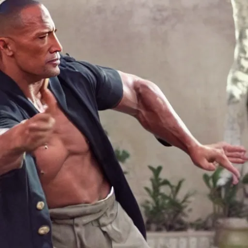 Image similar to film still of dwayne johnson as ip man, pose wing chun style