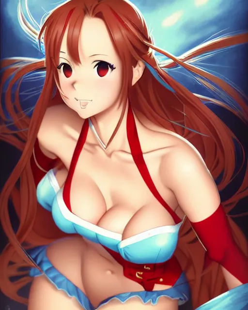 Image similar to pinup photo of asuna from sao in the crowded pub, hot asuna by a - 1 pictures, gil elvgren, james jean, enoch bolles, glossy skin, pearlescent, anime, very coherent, sao style anime, flat