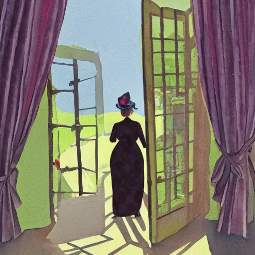 Prompt: so she came around the corner, peeked and just about caught a glimpse of the disappearing carriage leaving the scene of the mystery gouache painting illustration