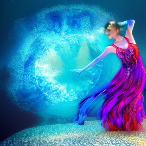 Image similar to woman dancing underwater wearing a flowing dress made of many layers of blue, magenta, and yellow translucent lace, elegant coral sea bottom, swirling silver fish, refracted light, crystals, cycles render, caustics lighting from above, cinematic