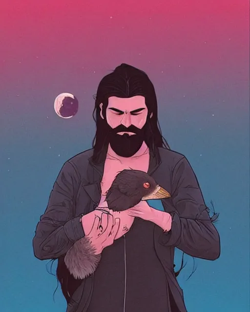 Image similar to portrait of a man with long black hair and beard holding his imaginary bird friend in his hands, full moon in the background, fine portrait, beautiful, concept art, by tomer hanuka