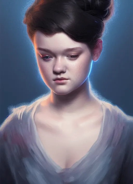 Image similar to portrait of teenage shannon purser, narrow face, black hair, half updo hairstyle, intricate, elegant, glowing lights, highly detailed, digital painting, artstation, concept art, smooth, sharp focus, illustration, art by wlop, mars ravelo and greg rutkowski