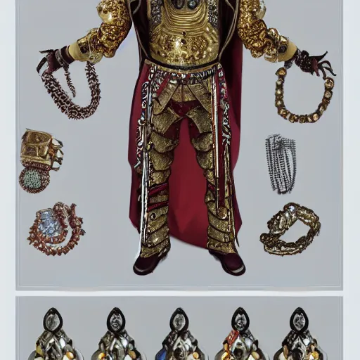 Prompt: a character presentation sheet of a noble king wearing excessive jewelry in a tasteful way