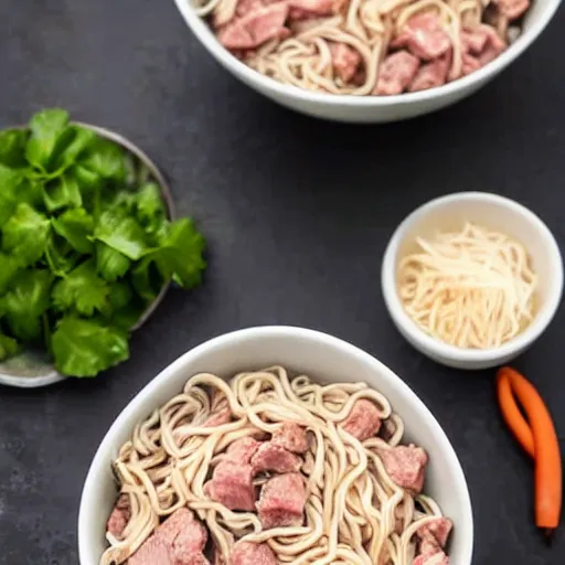 Prompt: white pink meat chunks noodles in styrofoam bowl,