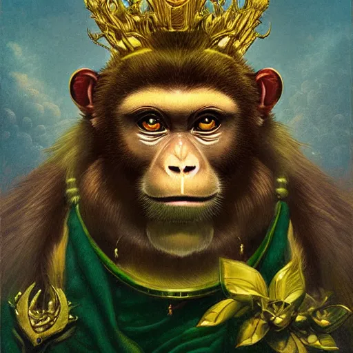 Image similar to monkey king of the mountains, gold and green, portrait, by Anato Finnstark, Tom Bagshaw, Brom