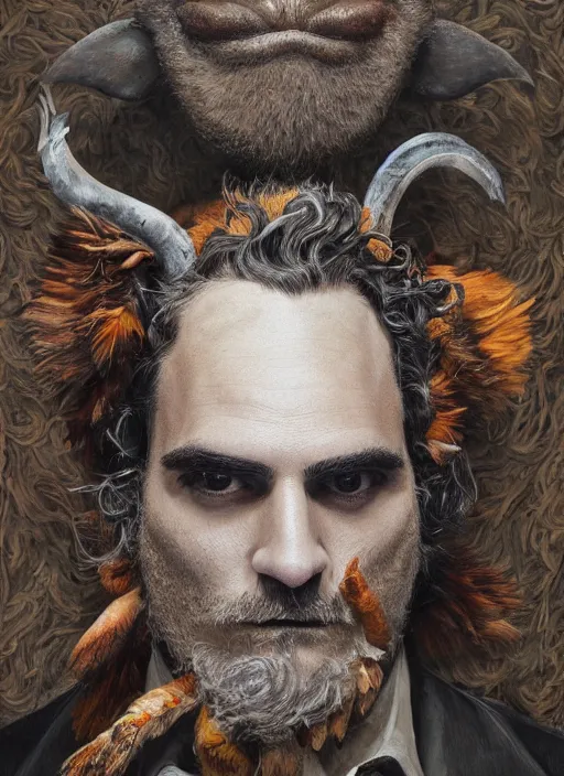 Image similar to a hyper detailed painting of an anthropomorphic joaquin phoenix as the king of animals, cow horns, pig nose, sheep wool, chicken feathers, horror, by anna podedworna, by miklos ligeti, by diego maricato, by taran fiddler, by antonino truisi, by chris reddie, on artstation