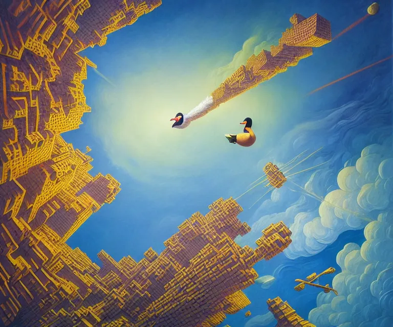 Image similar to hyper detailed 3d render like a Oil painting - a cartoon duck launching itself far above the earth into deep space, by Jacek Yerka, Mariusz Lewandowski, Houdini algorithmic generative render, Abstract brush strokes, Masterpiece, Edward Hopper and James Gilleard, Zdzislaw Beksinski, Mark Ryden, Wolfgang Lettl, hints of Yayoi Kasuma, octane render, 8k