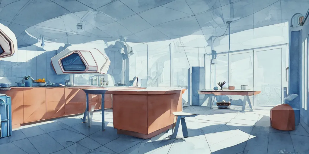 Prompt: a beautiful illustration of futuristic kitchen, lots of furniture, big medium small, sacred geometry, golden ratio, in watercolor gouache detailed paintings, in style of syd mead, trending on artstation, 8 k, panel, hard surface, wallpaper, zaha hadid, scattered props, plant, cozy, decoration, simon stalenhag, wes anderson