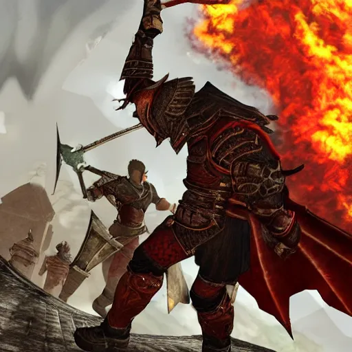 Prompt: dragon age origins alistair fighting darkspawn in the middle of a castle surrounded by fire