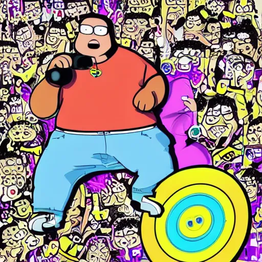 Image similar to svg sticker of a Family-Guy Peter-Griffin at a rave, spinning records, giant headphones rocking out, wearing headphones, huge speakers, dancing, rave, DJ, spinning records, digital art, amazing composition, rule-of-thirds, award-winning, trending on artstation, featured on deviantart