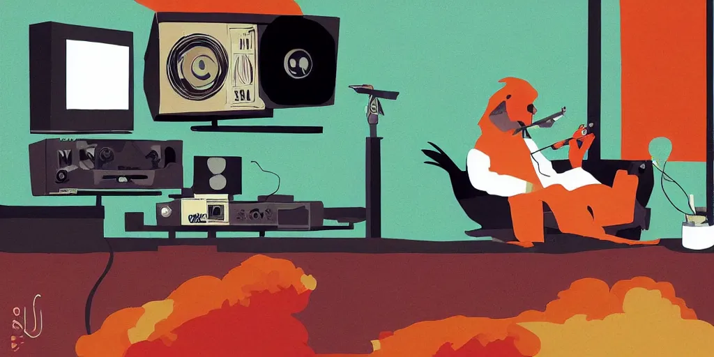 Prompt: 'black chicken'!!! smoking 'cannabis!!!!!!' in front of 'radio console'!!!! and 'multi monitors!!!!!!' in a tv broadcasting studio, artwork by James Gilleard