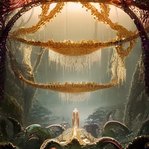 Image similar to under an intricate like jewels epic forest suspended in the air upside down, a pool with intricate and surreal epic circles of water within which float phantasmagoric robotic humanoids, dressed in intricate veils and jewels, epic environment, matte painting, diffused lighting, highly detailed, cinematic, epic atmosphere, digital art, trending on artstation, depth of field, wide angle