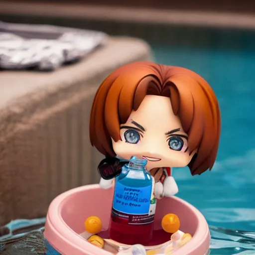 Prompt: johnny depp as nendoroid relaxing in the pool with bottle of wine, kodak film