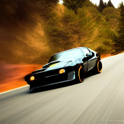 Prompt: black pontiac firebird trans - am driving towards the camera, mountain, valley, breathtaking mountains, lake, dynamic, sunrise, cinematic, motionblur, sunbeams, volumetric lighting, wide shot, low angle, artstation