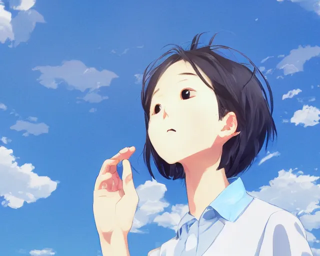 Image similar to teen looking at blue sky, wearing white shirt, back turned, looking up, illustration, by pine ( ハイネ ) and 薯 子 imoko and 香 川 悠 作 and wlop and maya takamura, highly detailed, trending artstation, pixiv, digital art