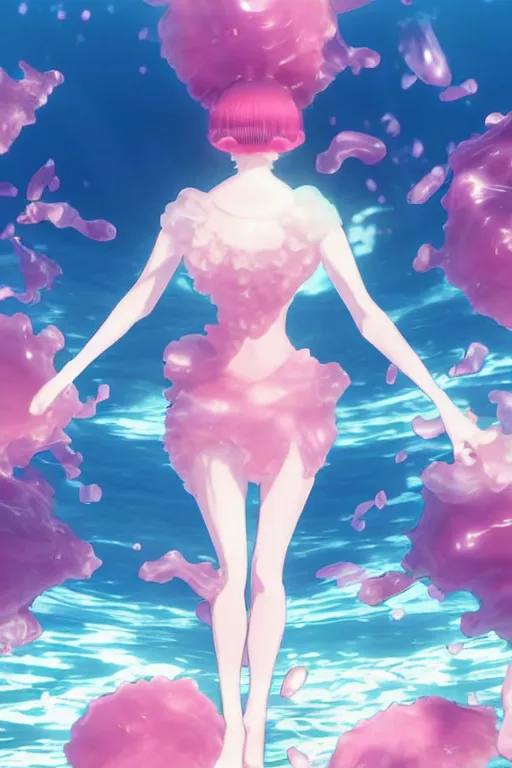 Prompt: 3D CG anime Land of the Lustrous Houseki no Kuni character Ventricosus translucent very light pink jelly woman with thick waist and chest size and pink transparent bouffont dress frills hair in a bun standing at the bottom of the ocean near the surface, sun rays shine through the water, facing the camera, confident pose, beautiful composition, 3D render, cel shaded, 8k, key visual, made by Haruko Ichikawa, Makoto Shinkai, studio Ghibli, Kyoto Animation