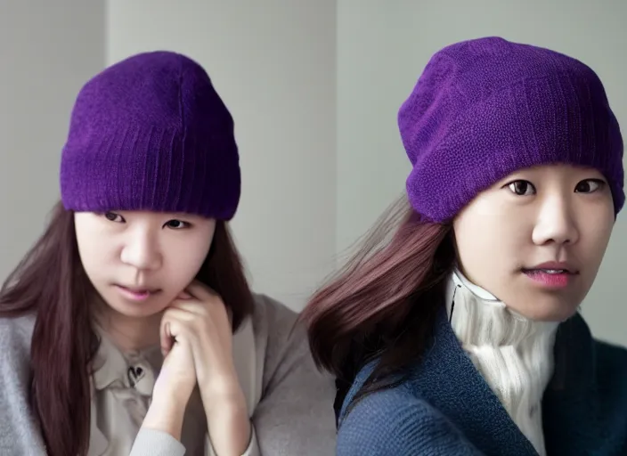 Prompt: young adult korean woman in a coffee shop wearing a beanie and a purple sweater designed by zaha hadid, natural light, magazine photo, 5 0 mm