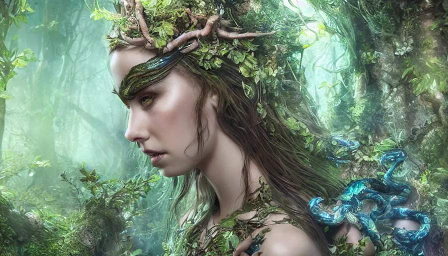 Image similar to high definition photograph female fantasy character art, hyper realistic, hyperrealism, iridescence water elemental, snake skin armor forest dryad, woody foliage, 8 k dop dof hdr fantasy character art, by aleski briclot and alexander'hollllow'fedosav and laura zalenga