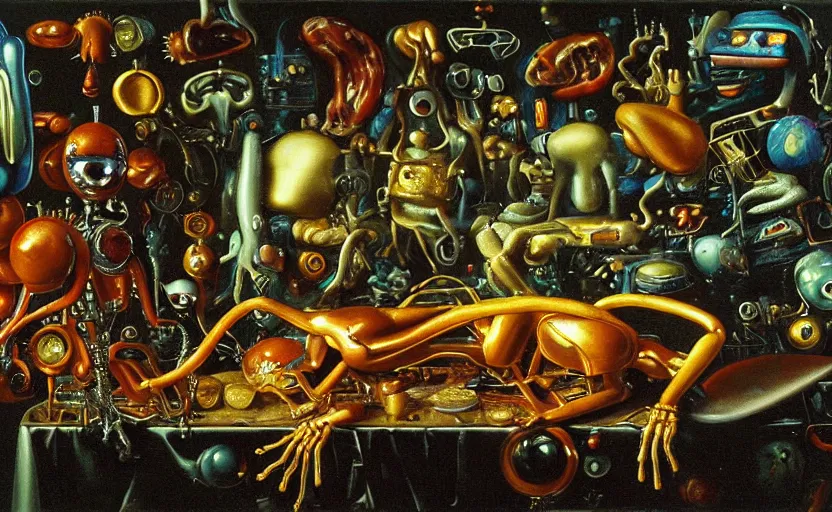 Image similar to strange robot body, disturbing colorful oil painting dutch golden age vanitas still life sparse composition with bizarre objects strange gooey transparent surfaces shiny metal reflections bizarre mutant meat insects rachel ruysch dali todd schorr very detailed perfect composition rule of thirds masterpiece canon 5 0 mm, cinematic lighting, photography, retro, film, kodachrome