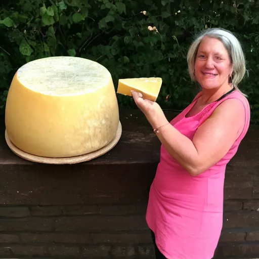 Image similar to marjorie taylor greene eating a large wheel of cheese,