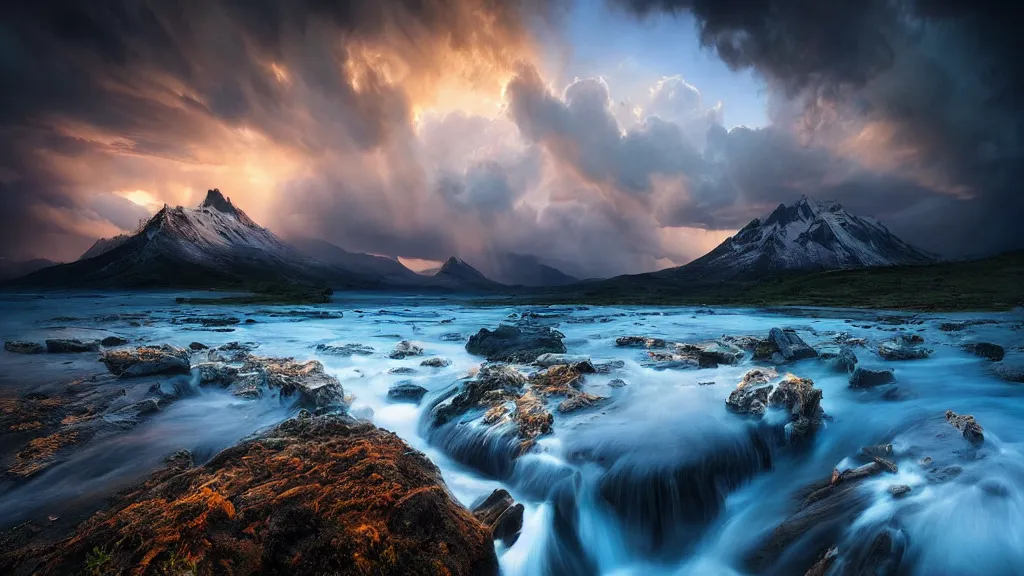 Image similar to amazing landscape photo by marc adamus, beautiful dramatic lighting