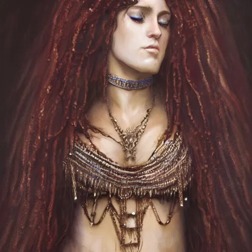 Image similar to character design, medieval, a woman with long dark curly hair and white eyes, she is adorned in jewels, belly dancer, stoic, brown skin, alone dramatic, epic painting, painted by wlop and nixeu, cgsociety, beautiful, semirealism, artbreeder, artstation, volumetric light, octane render, sharpness, 8 k, golden ratio