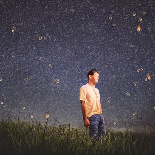 Image similar to man portrait surrounded by fireflies, 8 k photography