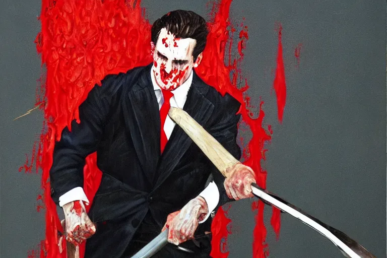Image similar to Bald Patrick Bateman from American Psycho (2000) swinging an ax in with his hands while wearing a poncho covered in blood, hyperrealism painting, high quality