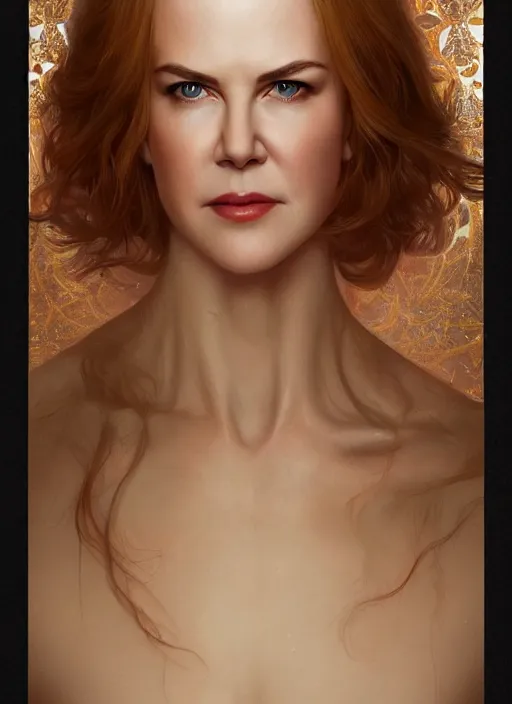 Image similar to symmetry!! young nicole kidman, machine parts embedded into face, intricate, elegant, highly detailed, digital painting, artstation, concept art, smooth, sharp focus, illustration, art by artgerm and greg rutkowski and alphonse mucha, 8 k
