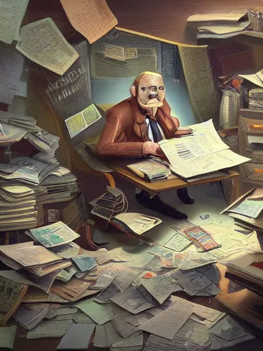 Image similar to salary man working at his desk, piles and more piles papers all over the place. intricate, elegant, highly detailed, digital painting, artstation, concept art, sharp focus, illustration, by justin gerard and artgerm, 8 k