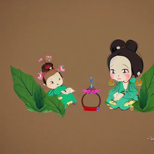 Image similar to animated chinese fairytale forest babies with ginseng leaves for their hair