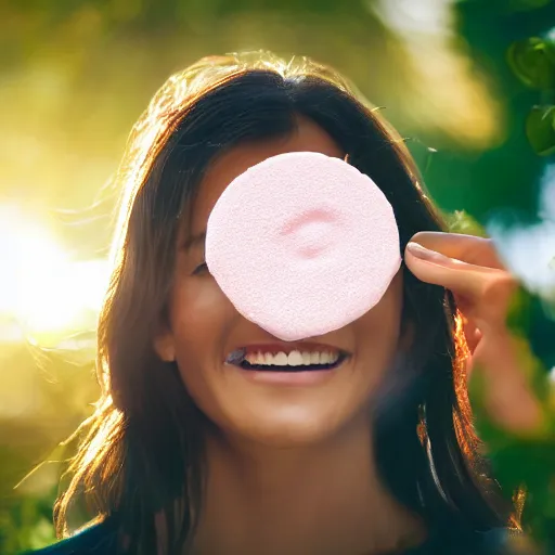 Prompt: beautiful advertising photo of a woman holding scented soap bars up to the viewer, smiling, summer outdoors photography at sunrise, bokeh, bloom effect