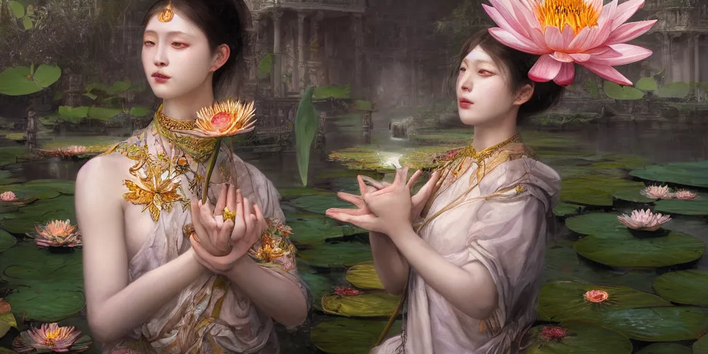 Image similar to breathtaking detailed concept art painting of the goddess of water lily flowers, orthodox saint, with anxious, piercing eyes, ornate background, amalgamation of leaves and flowers, by volegov and Hsiao-Ron Cheng, extremely moody lighting, 8K