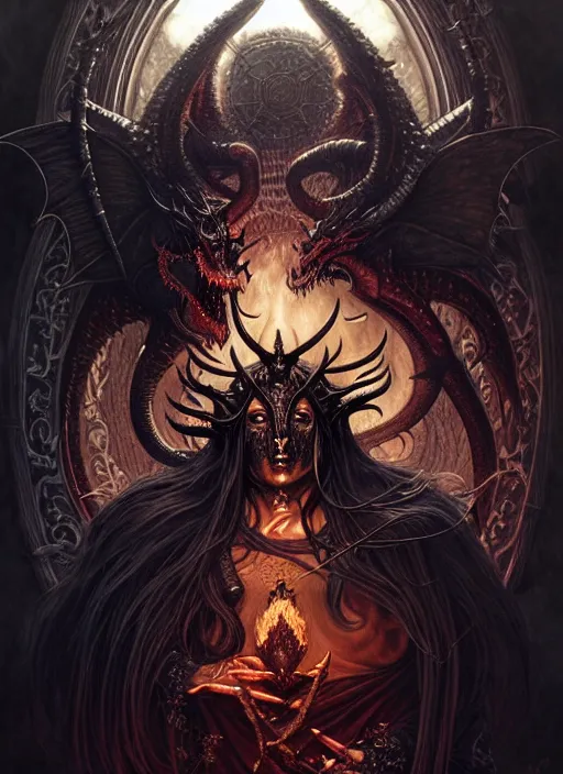 Prompt: a beautiful satanic black metal album cover of a satanic sorcerer taming a dragon, intricate, sharp focus, illustration, highly detailed, digital painting, concept art, matte, art by WLOP and Artgerm and Greg Rutkowski and Alphonse Mucha, masterpiece