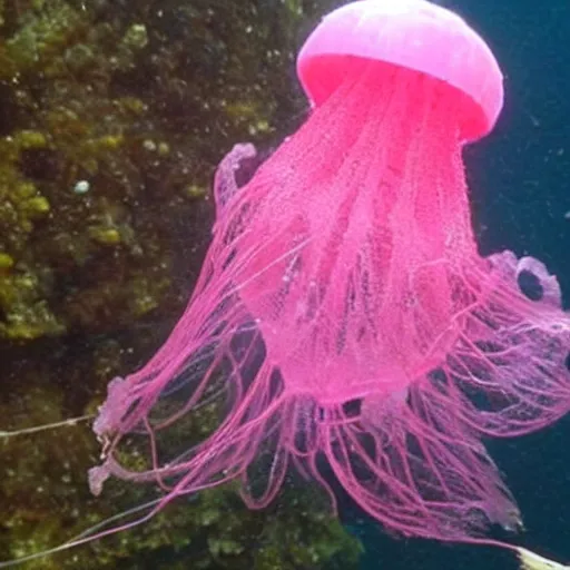 Image similar to pink jellyfish hits Bob's sponge with a net