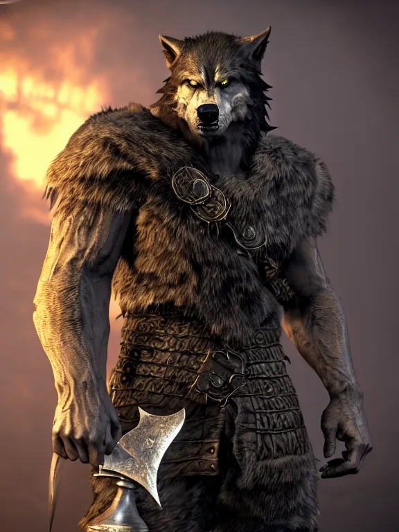 Prompt: cute handsome cuddly burly surly relaxed calm timid werewolf from van helsing holding a sword unreal engine hyperreallistic render 8k character concept art masterpiece screenshot from the video game the Elder Scrolls V: Skyrim deep vibrant black jet black gold golden