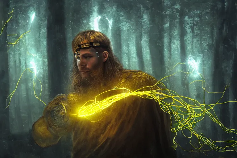 Image similar to mythological warrior viking Shaman of artificial intelligence creating an artificial neural network with yellow synapses on an anvil, dark mystical forest in the background, high resolution, award winning art, trending on art station, sharp image, incredibly detailed, detailed character realistic painting,