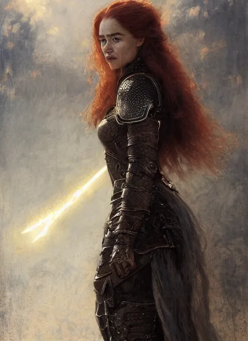 Image similar to mischievous redhead emilia clarke wearing full body dark black medieval armour, detailed, by gaston bussiere, bayard wu, greg rutkowski, giger, maxim verehin, greg rutkowski, masterpiece, sharp focus, cinematic lightning