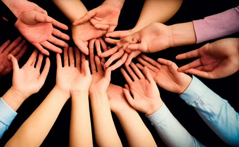 Image similar to photograph of hands lots of hands, one point perspective, 1-point perspective, tilt shift, sigma 85mm f/1.4, 4k, depth of field, high resolution, 4k, 8k, hd, full color