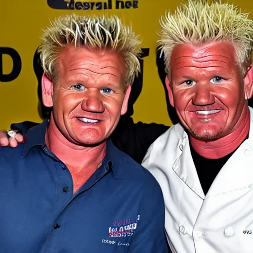 Image similar to gordon ramsay and guy fieri as conjoined twins, medical photo, had