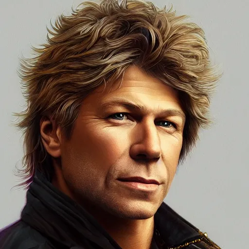 Image similar to john bon jovi portrait, intricate, highly detailed, digital painting, artstation, concept art, smooth, sharp focus, illustration, unreal engine 5, 8 k, art by artgerm and greg rutkowski and alphonse mucha