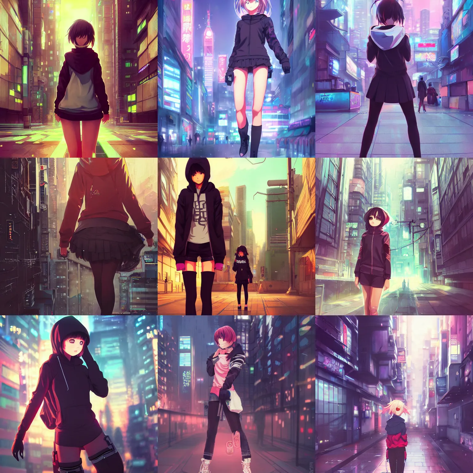 Prompt: anime girl wearing hoodie in a cyberpunk city, digital anime art, full body shot, wlop, ilya kuvshinov, artgerm, krenz cushart, greg rutkowski