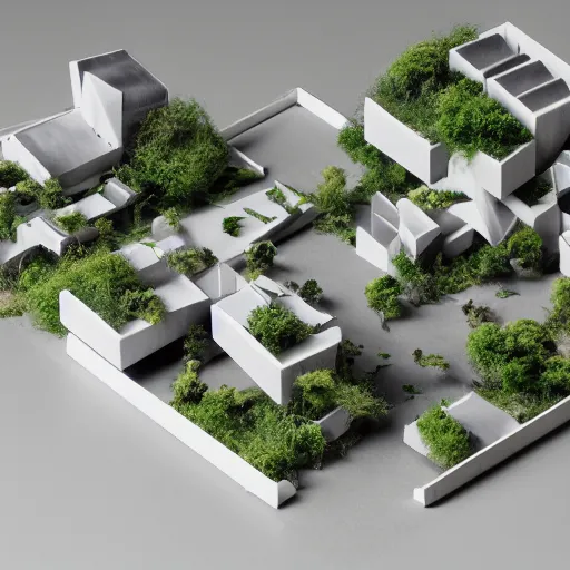 Prompt: architecture model of a futuristic city, lot of vegetation, light inside building, crowded street, table sized, maquette, axonometric, hyperrealism, photography