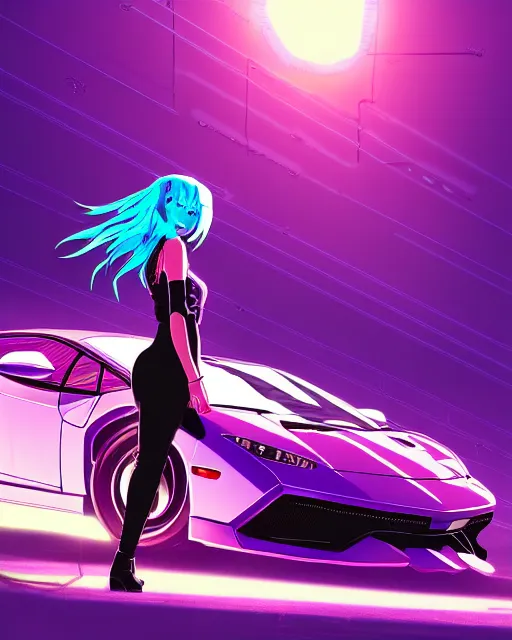 Image similar to digital illustration of cyberpunk pretty girl with blue hair, standing in front of a purple lamborghini, in junkyard at night, by makoto shinkai, ilya kuvshinov, lois van baarle, rossdraws, basquiat